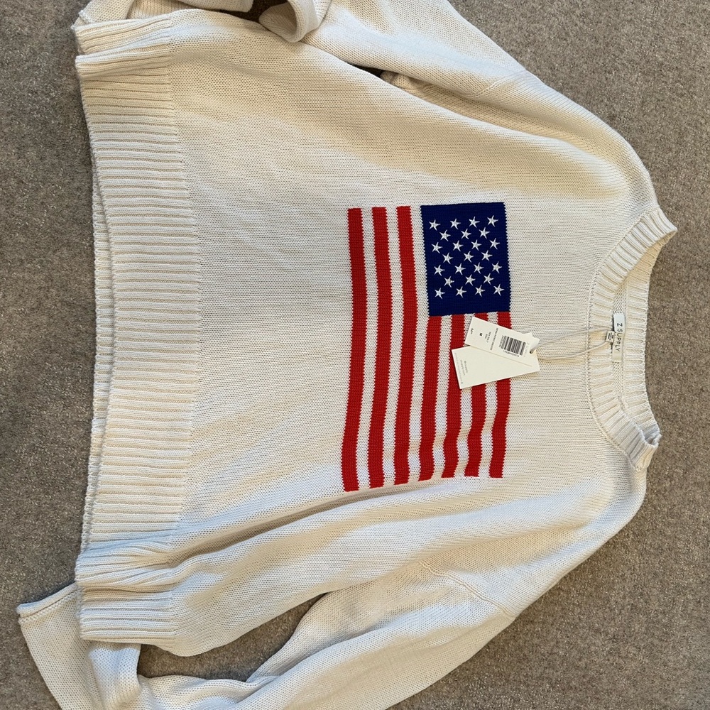 Z Supply Cream Sweater with American Flag Design